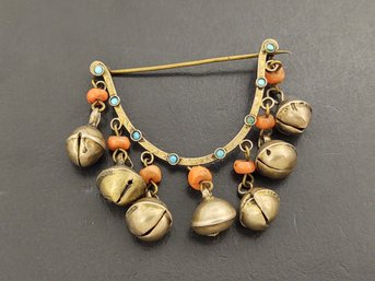 Antique Chinese Silver Coral & Turquoise Bell Brooch