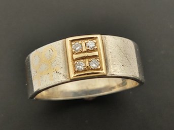 Vintage Modernist Style Sterling Silver & 14k Gold Diamond Lesbian Wedding Band