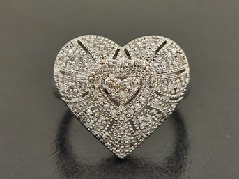 Beautiful Sterling Silver Pave Diamond Heart Ring S. 6 1/2