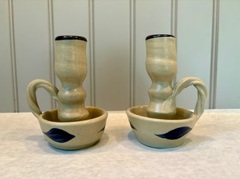 Pair Of Williamsburg Pottery Salt Glazed Candleholders