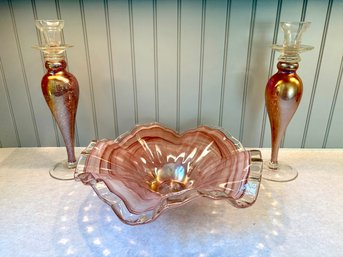 Rose Colored Glass Centerpiece Bowl & Glass Candleholders, Likely Murano