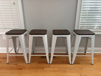 Four Industrial White Frame Metal Barstools