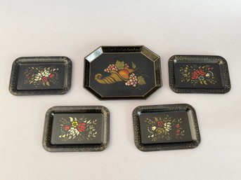 Lot Of Five Painted Toleware Metal Trays, Signed, Possibly Virginia Olsen