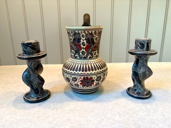 Pair Of Carved Soapstone Candle Holders & Replica 600 BC Corinthian Vase