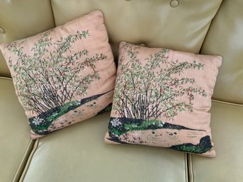Pair Of Vintage Painted Silk Pillows