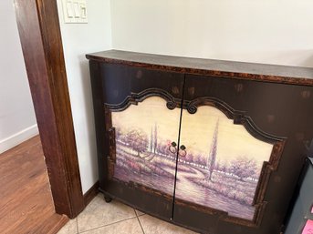 2 Door Cabinet With Painted Scene On Front & 3 Interior Shelves
