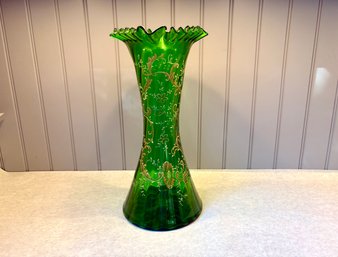 Antique Paint Decorated Bohemian Glass Trumpet Vase