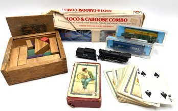 Vintage New In Box Atlas Toy Trains, Vintage Wood Blocks & Playing Cards