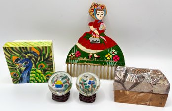 Capiz Shell Peacock Trinket Box, Hand Painted Wood Box, Vintage Table Brush & 2 Asian Glass Globes On Stands