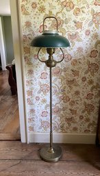 Brass Floor Lamp With Green Metal Shade.