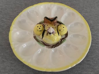 Japanese Ceramic Deviled Egg Platter W/ Baby Chicken Salt & Pepper Shakers