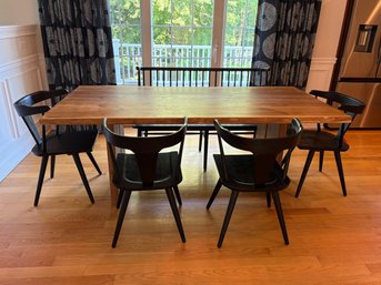 Wood Slab Dining Table With Four Pottery Barn Westan Dining Chairs & Matching Arm Bench