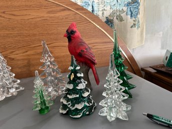 Red Cardinal With 5 Crystal Christmas Trees