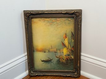 Antique Richard Ribcowsky 'Venice Sunset With Boats' Lithograph With Convex Glass