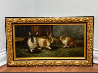 Vintage Bunny Rabbit Signed Original Oil Painting With Gilt Frame