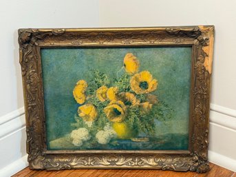 Antique Max Strekenbach 'Poppies And Larkspur' Still Life Lithograph With Convex Glass