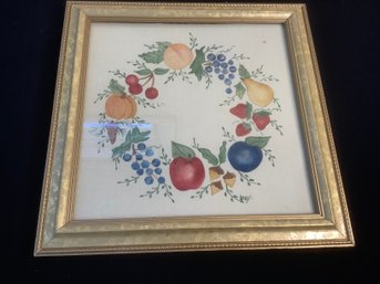 Signed Framed Handpainted Fruit Wreath On Fabric
