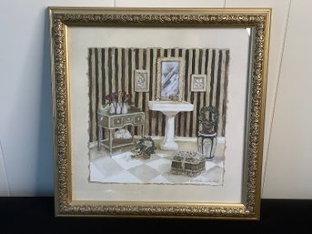 Vintage Bathroom With Black & White Striped Walls Print By C. Winterele Olson