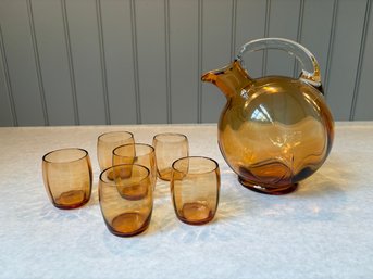 Adorable Amber Glass Bubble Pitcher With Matching Petite Glasses
