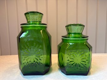Two Mid Century Wheaton Green Glass Canisters - Made In Millville, NJ
