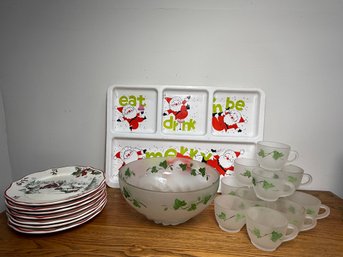 Vintage Federal Glass Frosted Ivy Punch Bowl & More