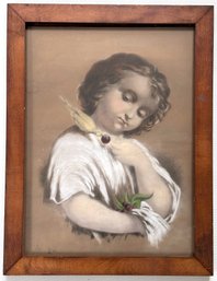 Vintage Original Pastel Drawing Of Child With Dove