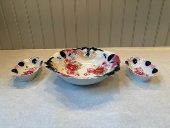 Antique Early 20th Century Flow Blue Bowl & Oval Dishes By Ilmenau Porcelain Factory, Germany