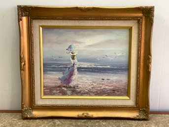 Framed Oil On Board Victorian Women Walking The Beach