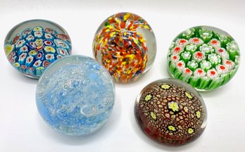 5 Glass Italian Paperweights Including Millefiori