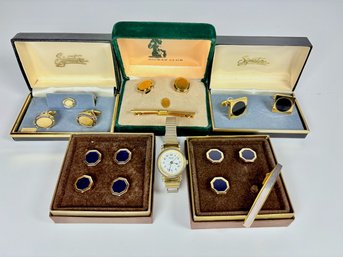 Men's Vintage Cuff Links, Tie Clip & A Watch: Signature And Jockey Club