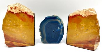 Pair Natural Petrified Wood Bookends & Blue Agate Slab