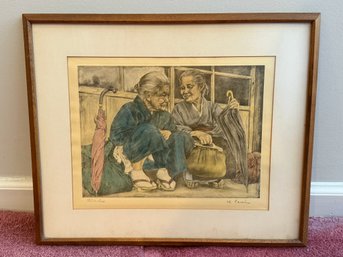 Willie Seiler Hand Colored Etching 'Chatter Boxes'