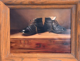 Vintage Trompe Loeil Style Oil On Canvas Childs Black Leather Boots Signed