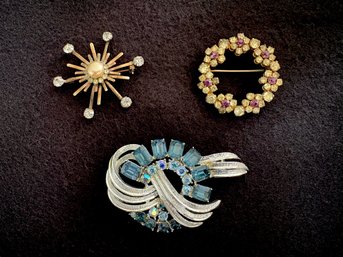 Fabulous Vintage Rhinestone Brooches Including Coro Pegasus Blue Swirl