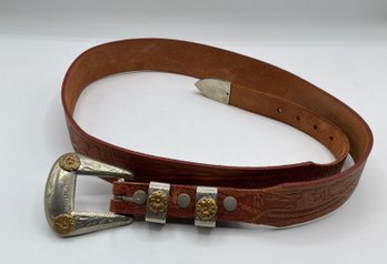Vintage Western Tooled Leather Belt Solid Nickel Silver Buckle ~ 36 Inches ~