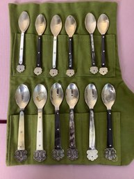 Set Of 12 - Spoons W/ Green Fabric Holder