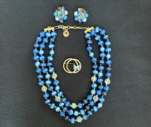 Lisner Blue Beaded Necklace & Earrings Set With Coordinating Butterfly Brooch