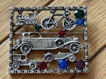 Large Vintage Rhinestone Brooch With Classic Cars, Steam Locomotive And Bicycle