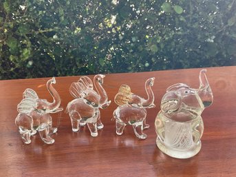 Adorable Set Of Trunk Up Glass Elephant Figurines Including Murano