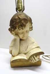 MCM Era Chalkware Bust Lamp Of Child Reading A Book, Original Shade
