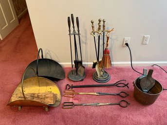 Various Fireplace Items Including Cast Iron Pot