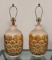 Pair Of Coastal / Hollywood Regency Shell Ceramic Table Lamps