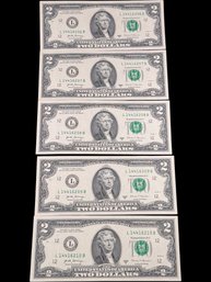 Set Of 5 Series 2017A Uncirculated Consecutive Numbered $2 Bills