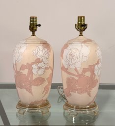 Pair Of Golden Girl Palm Beach Florida Style Pink Floral Table Lamps
