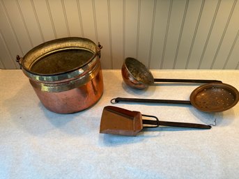 Vintage Copper Ash/coal Pot, Shovel, Ladle & Sieve