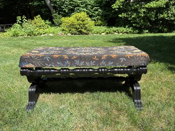 Black Wood Framed Bench With Flora & Fauna Patterned Upholstery