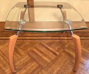 Glass, Chrome & Wood Coffee Table Or Side Table