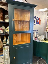 Green Corner Cabinet With Glass Door On Top And Wood On Bottom   - Pine
