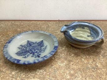 Blue Pottery Pitcher And Bowl