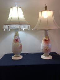 Pair Of Vintage Handpainted Floral Table Lamps